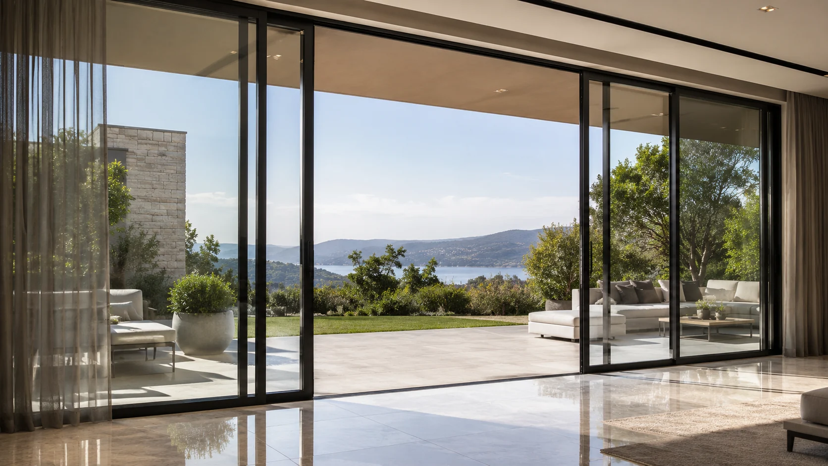 Premium slim-frame aluminium sliding glass system opening to a terrace
